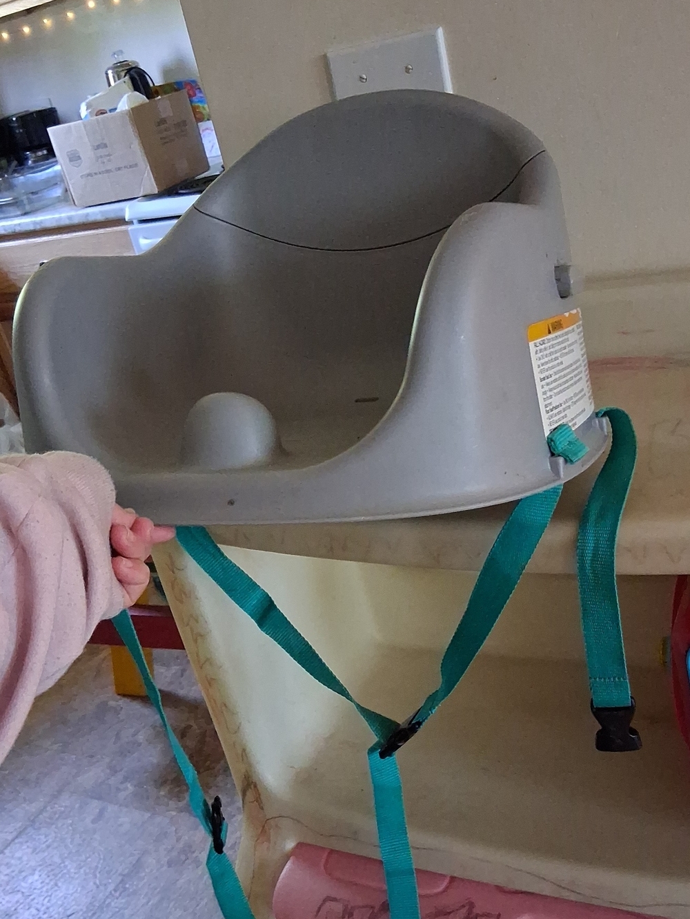 Portable Gray Baby Booster Seat with Teal Straps